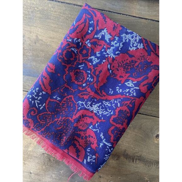 Vintage Anne Klein Women's Wool Navy Red Square Scarf Old Money Fringe‎ Hem - Picture 1 of 4